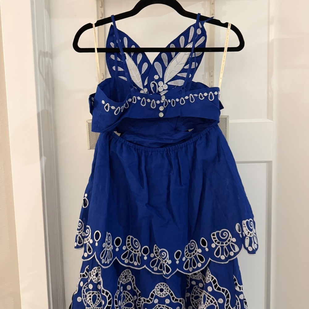 NWT Farm Rio Blue Flower Richelieu Linen Midi Dress Navy Blue Small Boho $398 - Picture 4 of 6